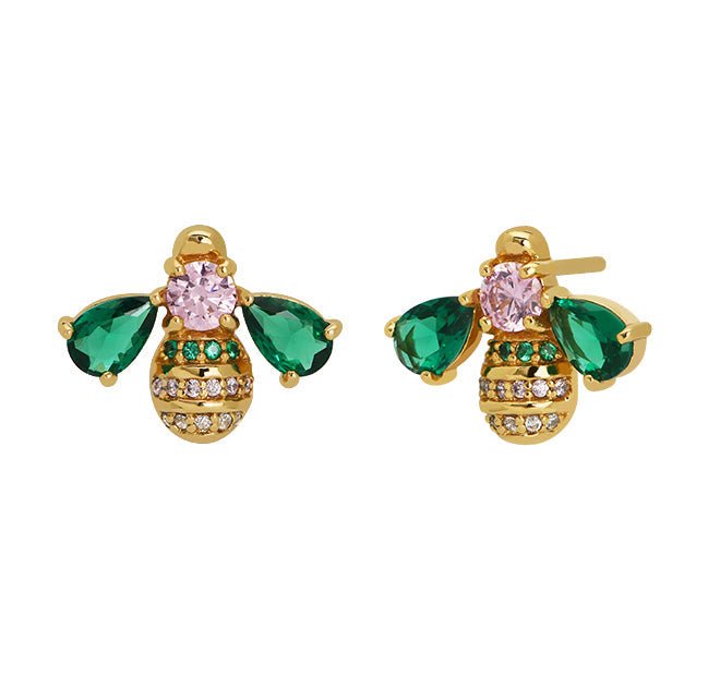 Beatrice Jewelled Bee Stud Earrings Blush Pink, Emerald Green and Gold - Samuel Perry