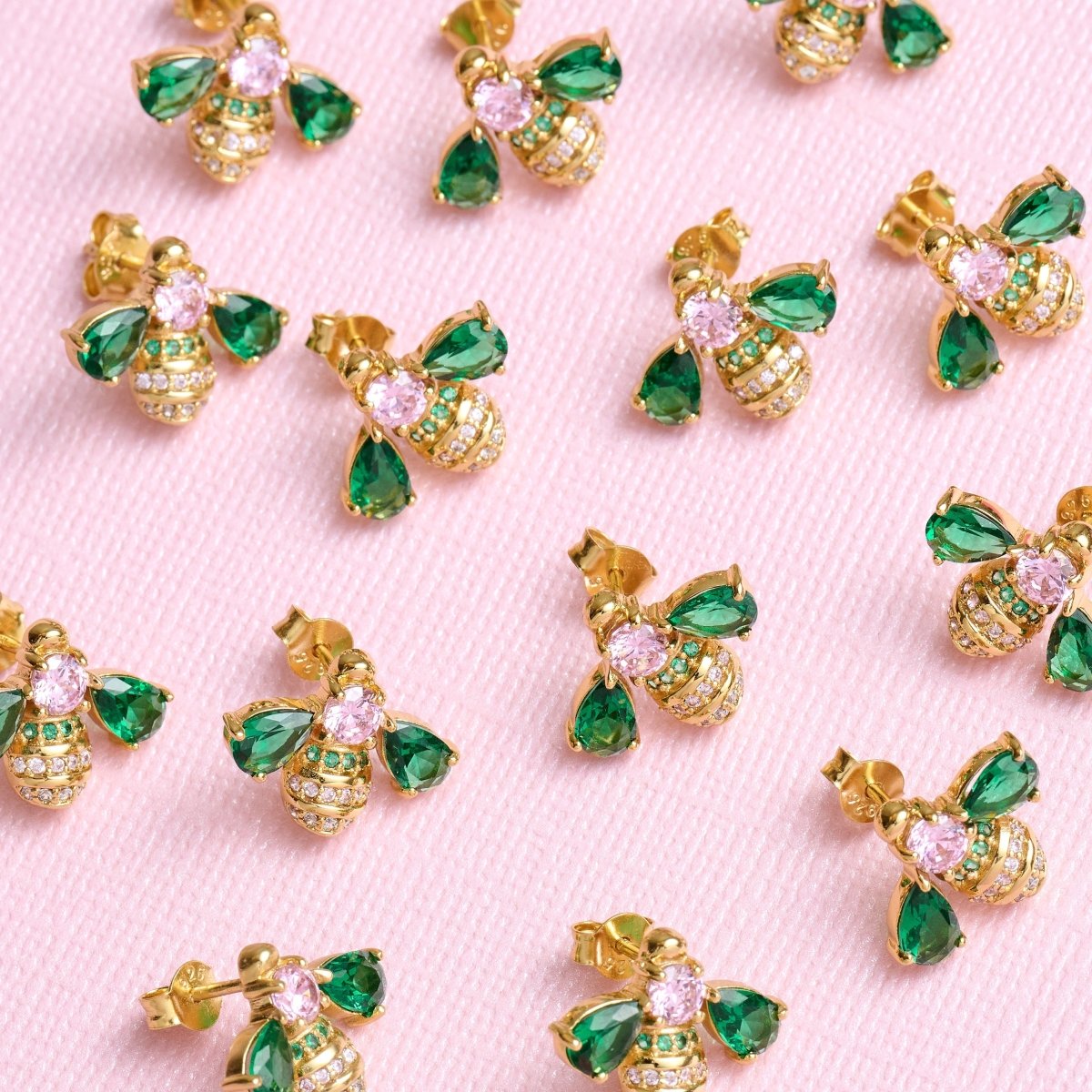 Beatrice Jewelled Bee Stud Earrings Blush Pink, Emerald Green and Gold - Samuel Perry