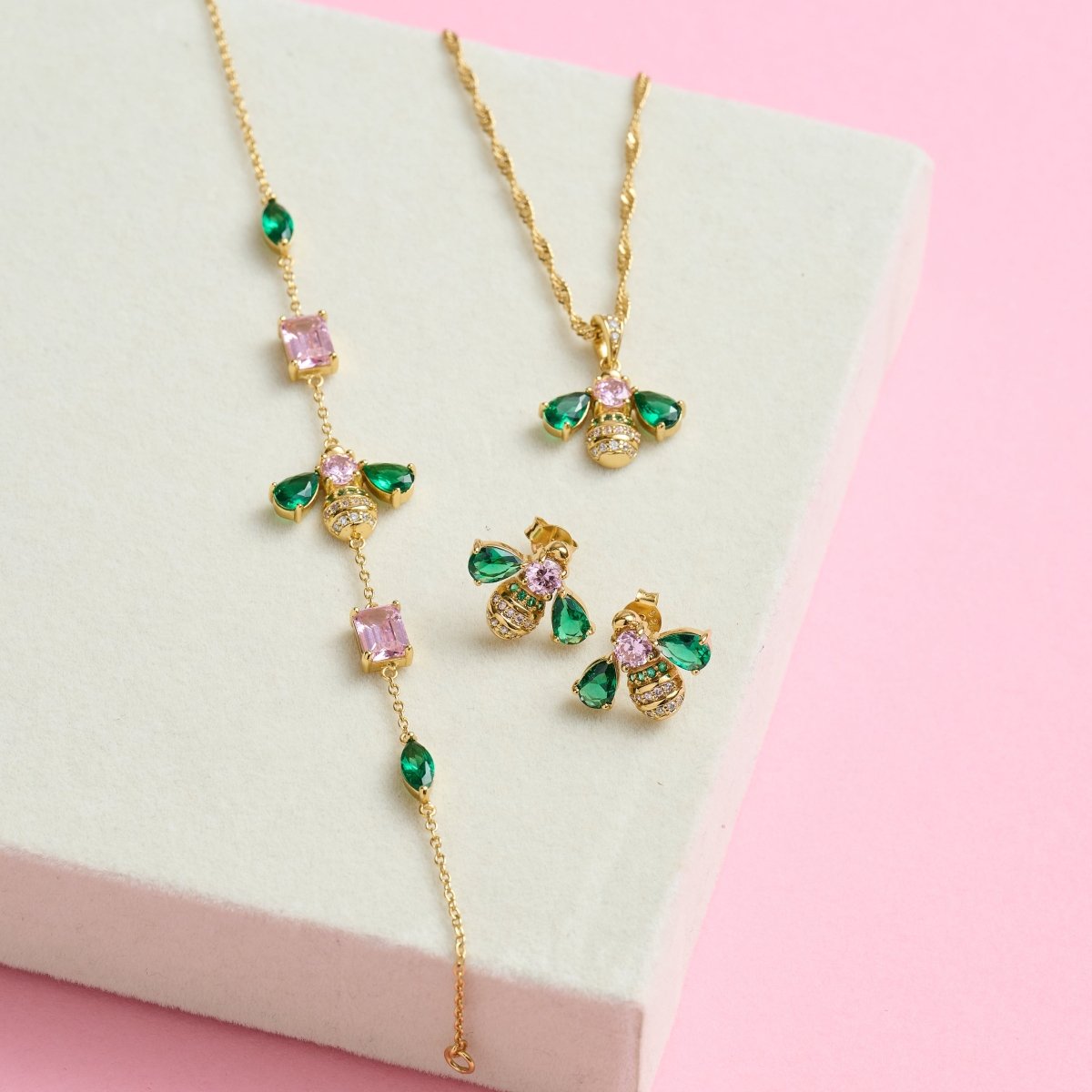 Beatrice Jewelled Bee Stud Earrings Blush Pink, Emerald Green and Gold - Samuel Perry