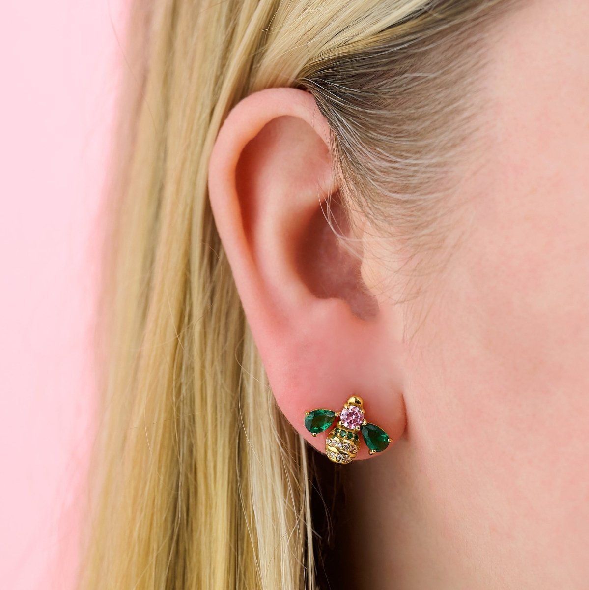 Beatrice Jewelled Bee Stud Earrings Blush Pink, Emerald Green and Gold - Samuel Perry