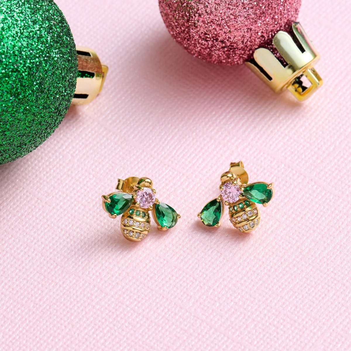 Beatrice Jewelled Bee Stud Earrings Blush Pink, Emerald Green and Gold - Samuel Perry
