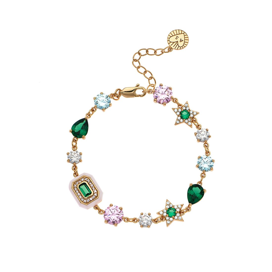Celeste Cluster Bracelet Blush Pink Enamel, Ice Blue, Emerald Green CZ and Gold - Samuel Perry