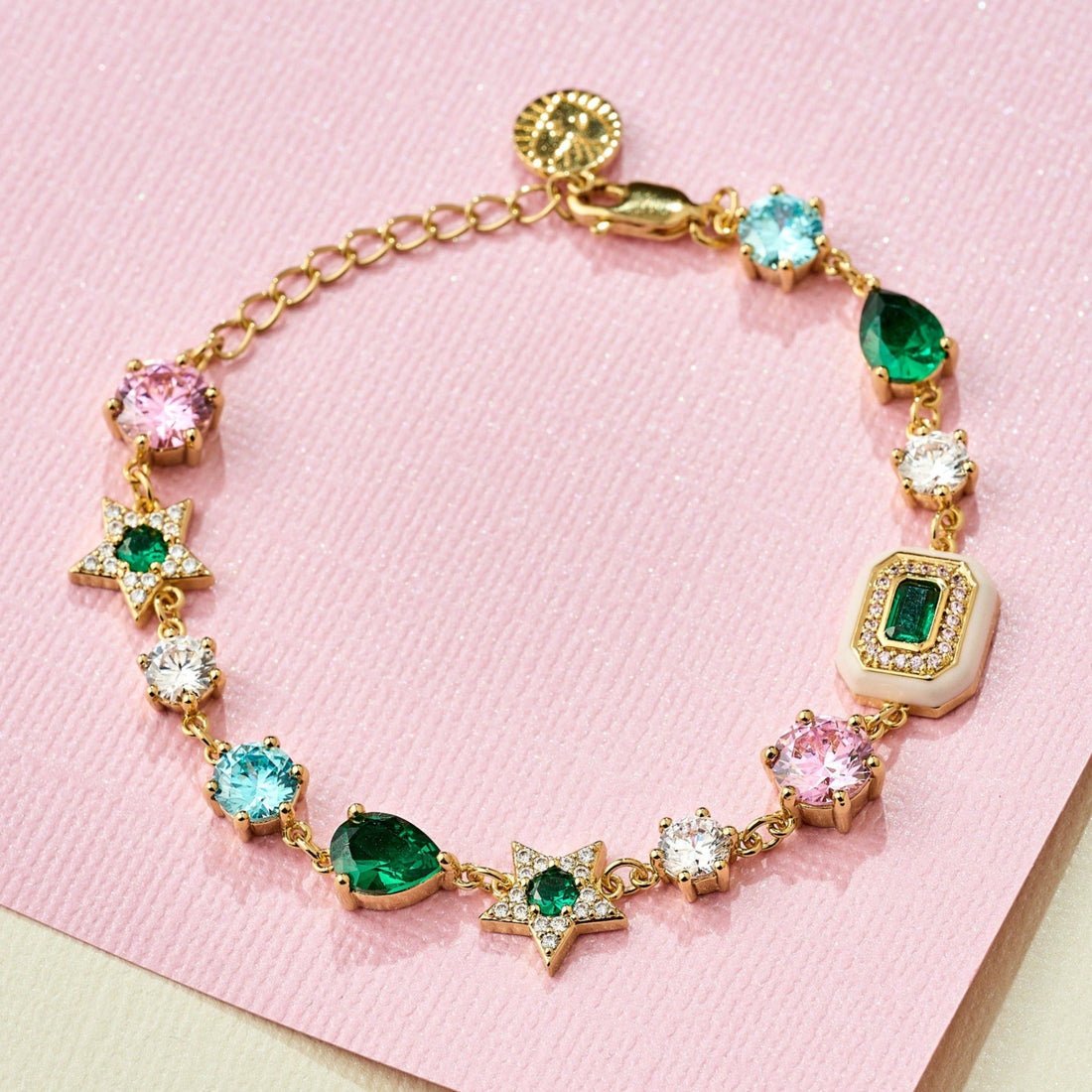 Celeste Cluster Bracelet Blush Pink Enamel, Ice Blue, Emerald Green CZ and Gold - Samuel Perry