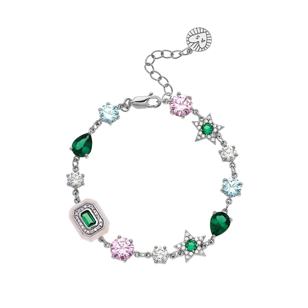 Celeste Cluster Bracelet Blush Pink Enamel, Ice Blue, Emerald Green CZ and Silver - Samuel Perry