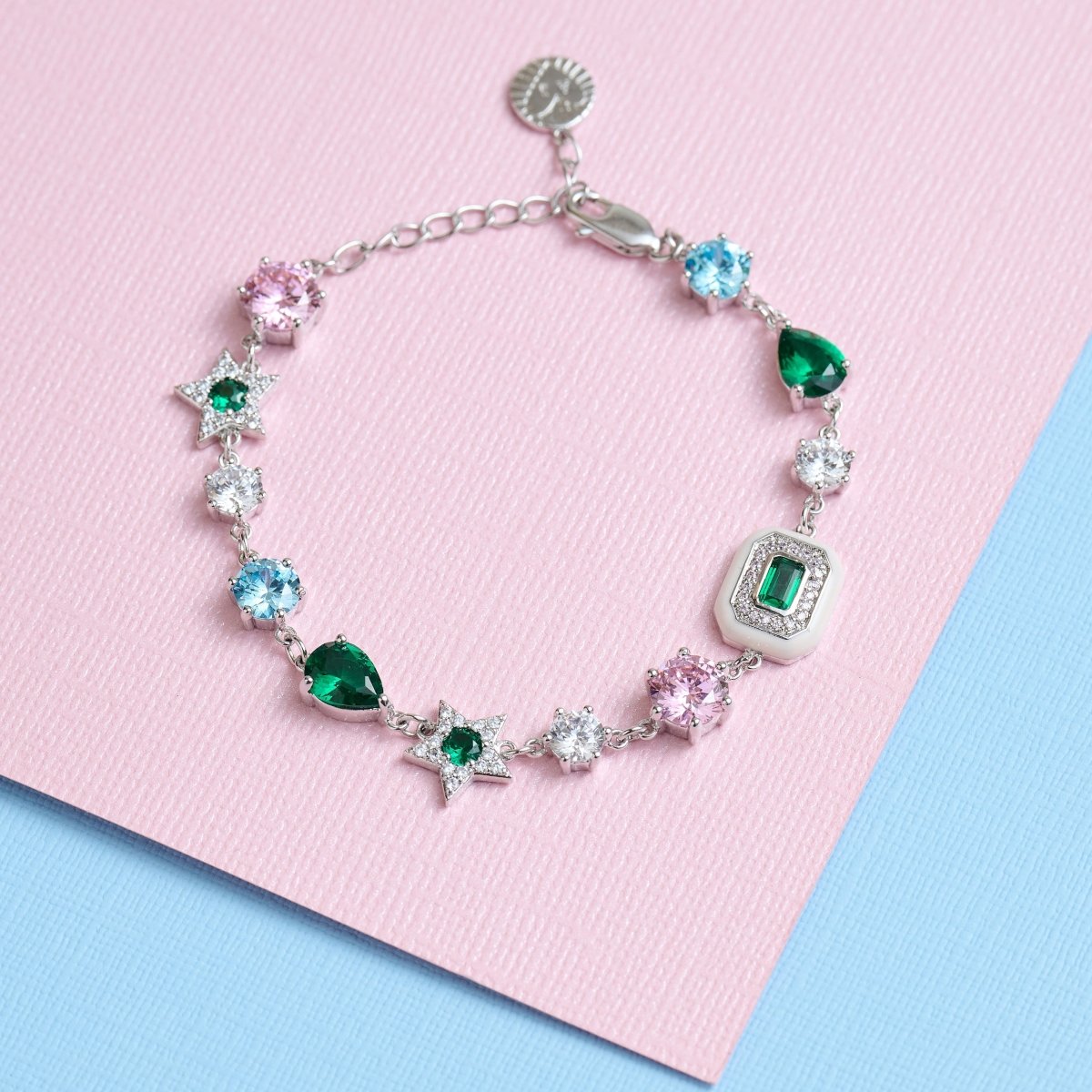Celeste Cluster Bracelet Blush Pink Enamel, Ice Blue, Emerald Green CZ and Silver - Samuel Perry