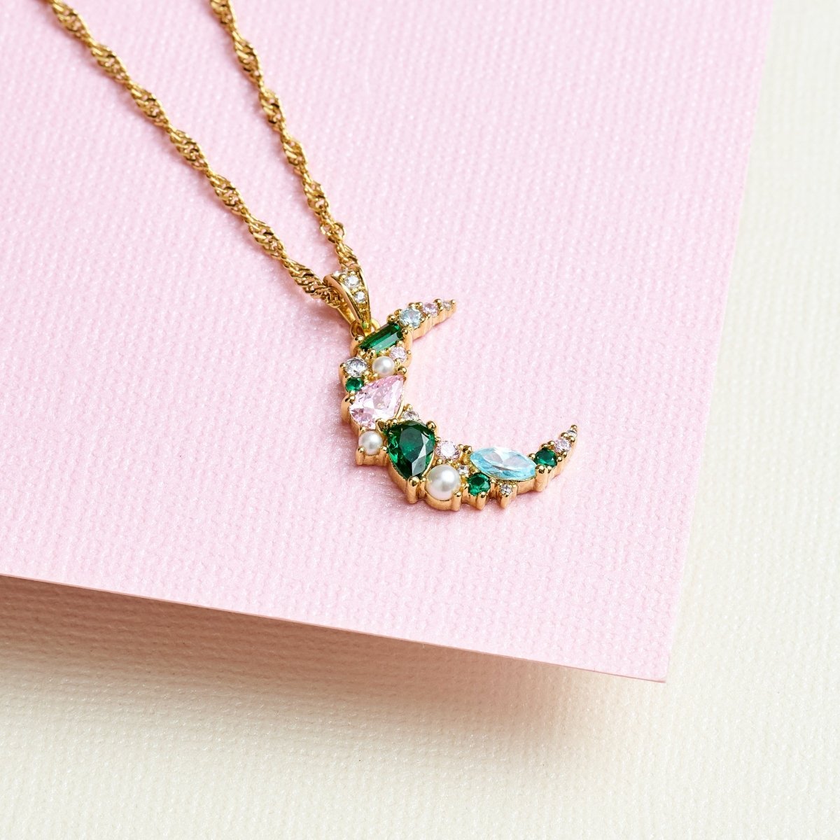 Celeste Cluster Moon Necklace Emerald Green, Blush Pink, Aqua CZ and Gold - Samuel Perry