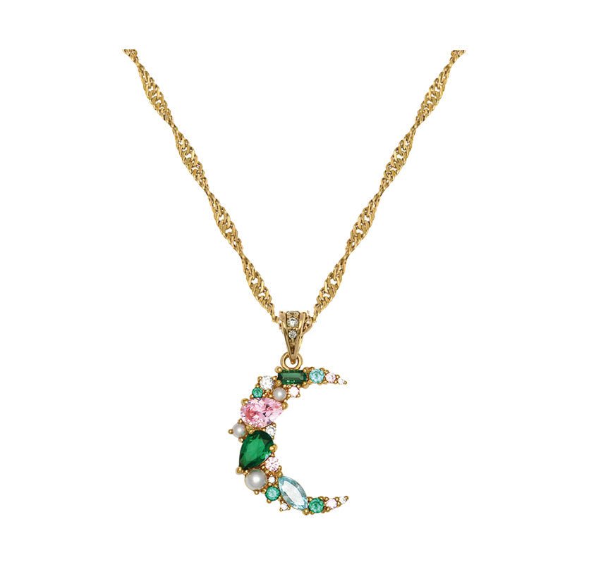 Celeste Cluster Moon Necklace Emerald Green, Blush Pink, Aqua CZ and Gold - Samuel Perry