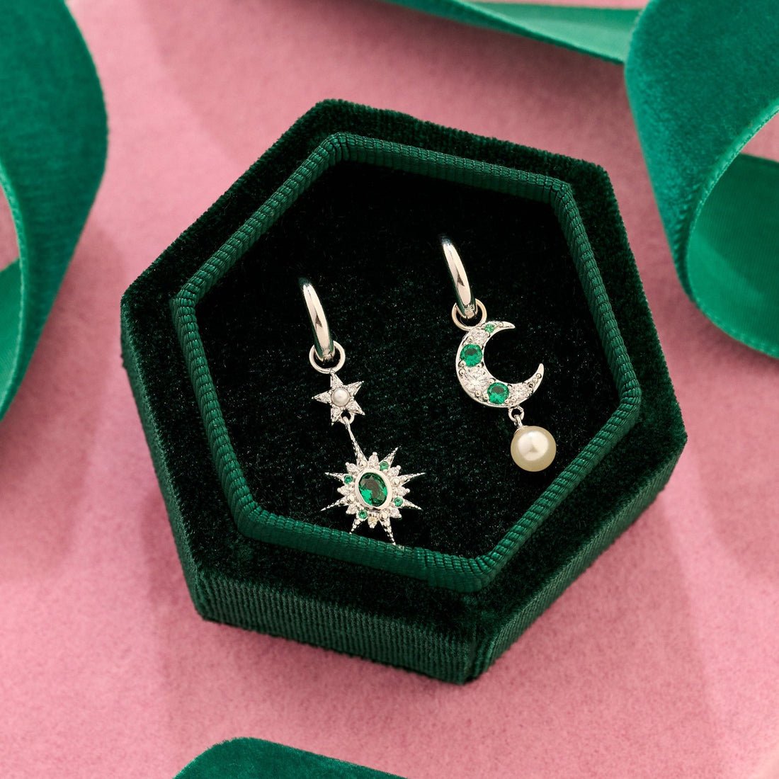 Celeste Mini Star Hoops Emerald Green, Clear CZ and Silver - Samuel Perry