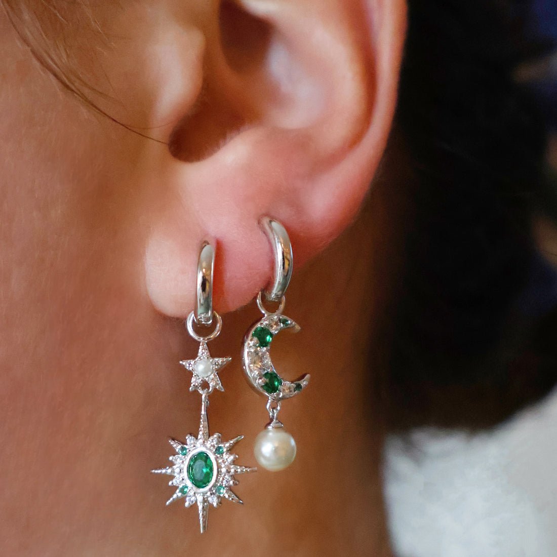 Celeste Mini Star Hoops Emerald Green, Clear CZ and Silver - Samuel Perry