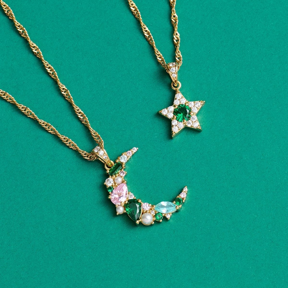 Celeste Mini Star Necklace Emerald Green, Clear CZ and Gold - Samuel Perry