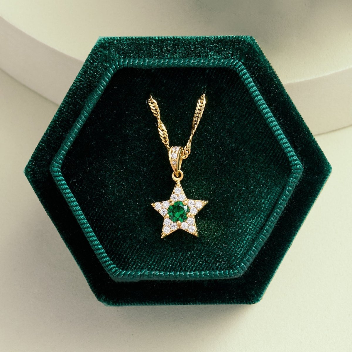 Celeste Mini Star Necklace Emerald Green, Clear CZ and Gold - Samuel Perry