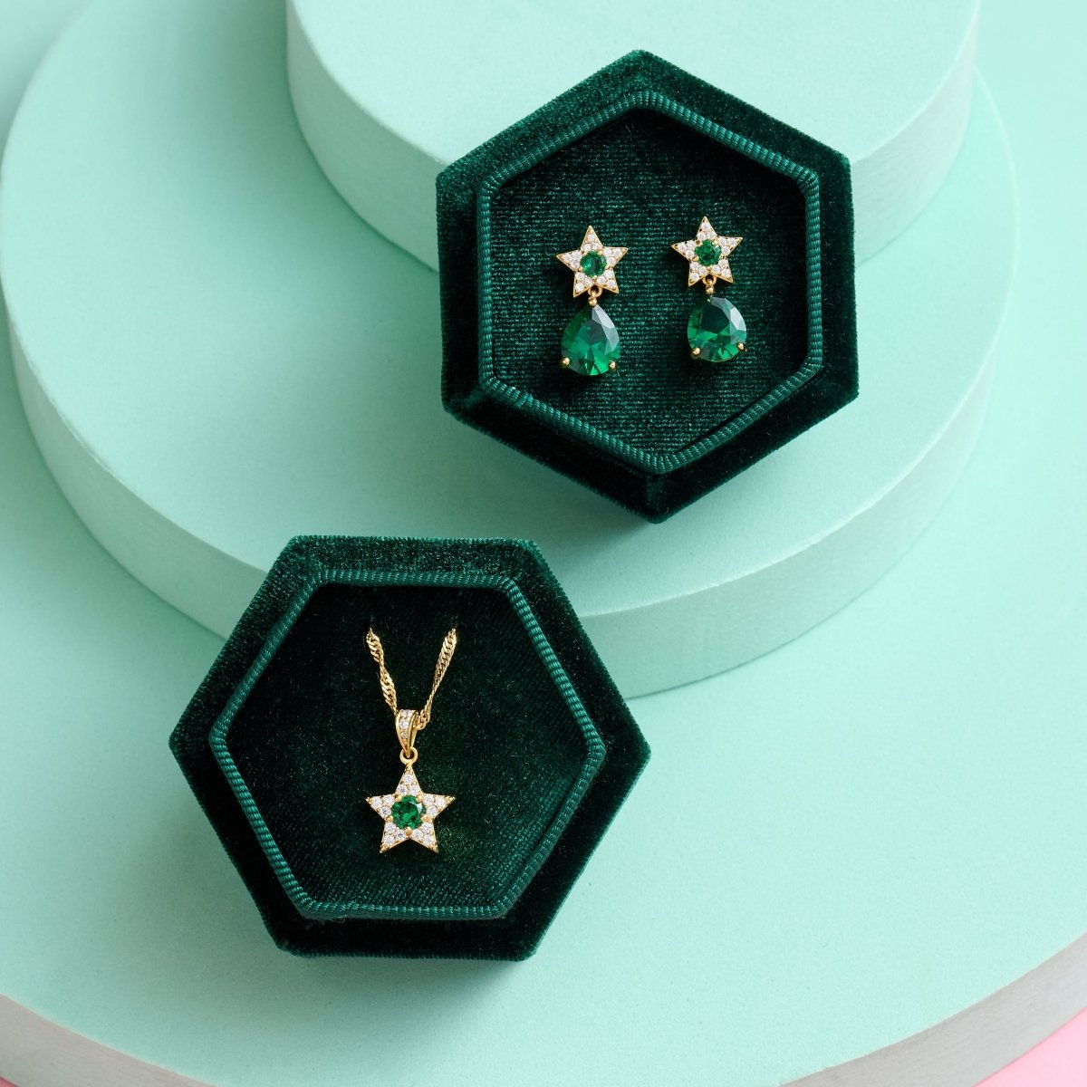 Celeste Mini Star Necklace Emerald Green, Clear CZ and Gold - Samuel Perry