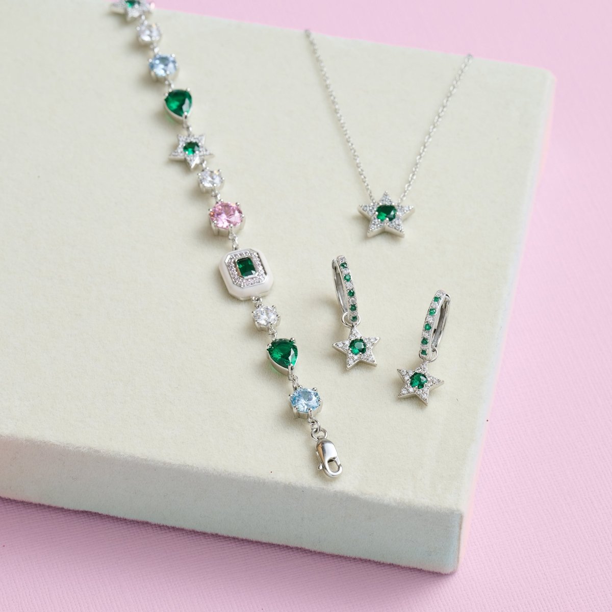 Celeste Mini Star Necklace Emerald Green, Clear CZ and Recycled Silver - Samuel Perry