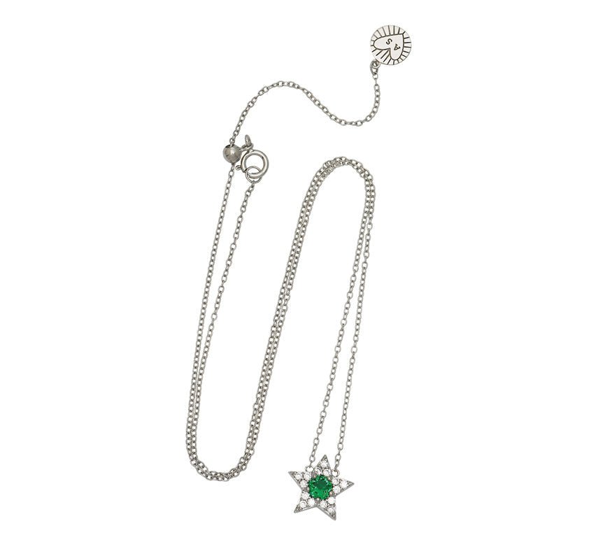 Celeste Mini Star Necklace Emerald Green, Clear CZ and Recycled Silver - Samuel Perry