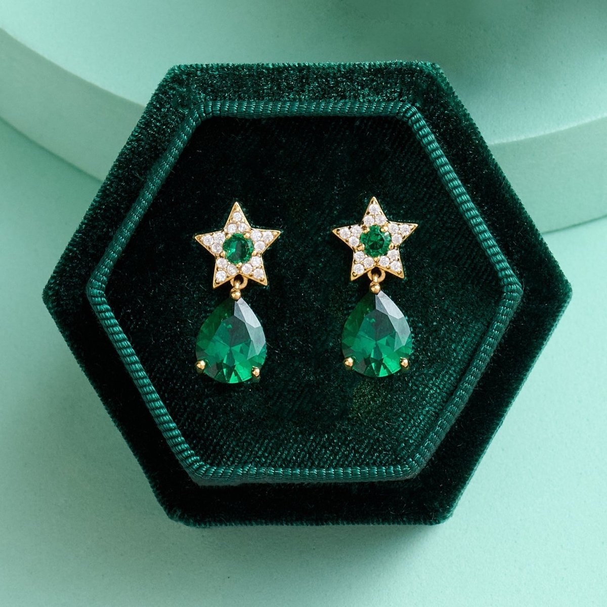 Celeste Teardrop Stud Earrings Emerald Green, Clear CZ and Gold - Samuel Perry