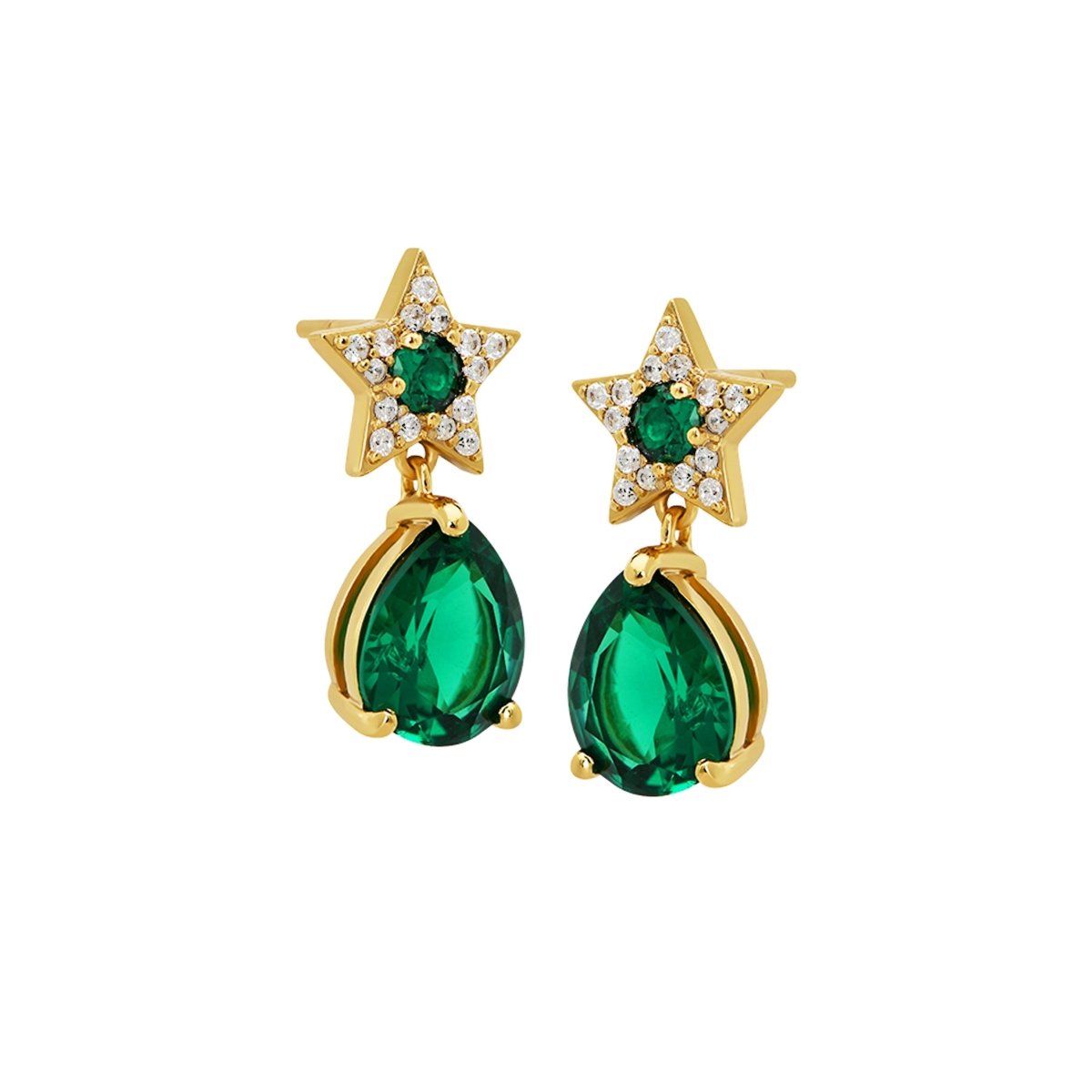 Celeste Teardrop Stud Earrings Emerald Green, Clear CZ and Gold - Samuel Perry