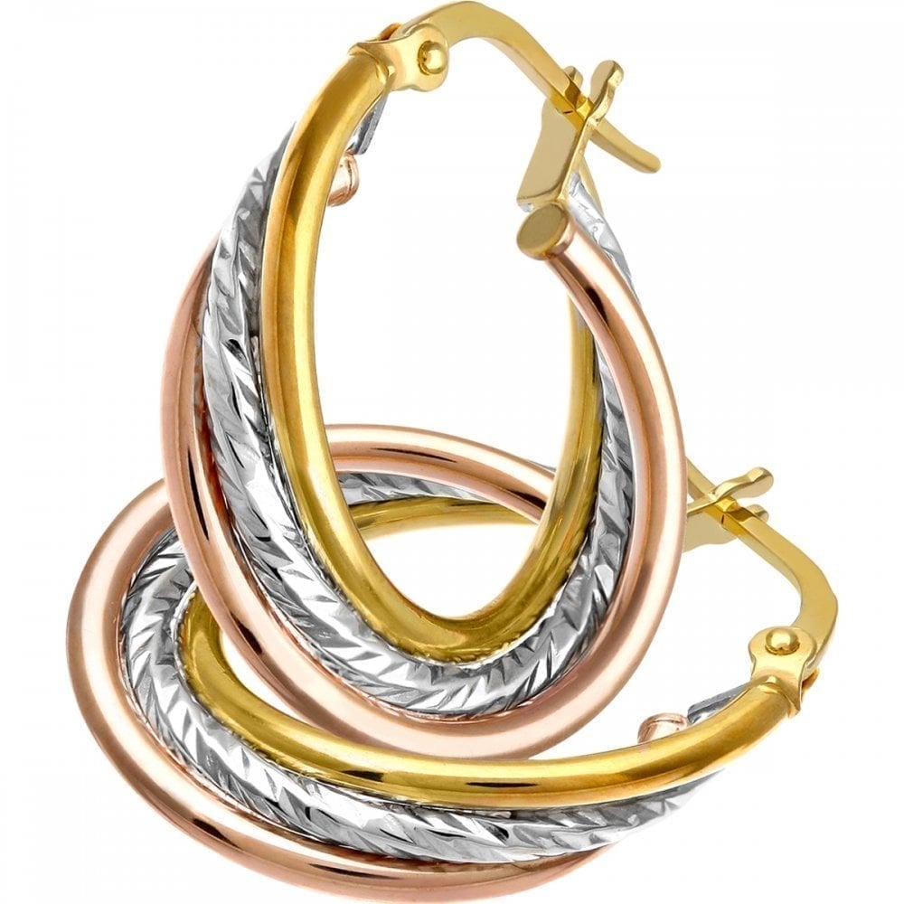9ct 3 Colour Gold 15mm Hoop Earrings