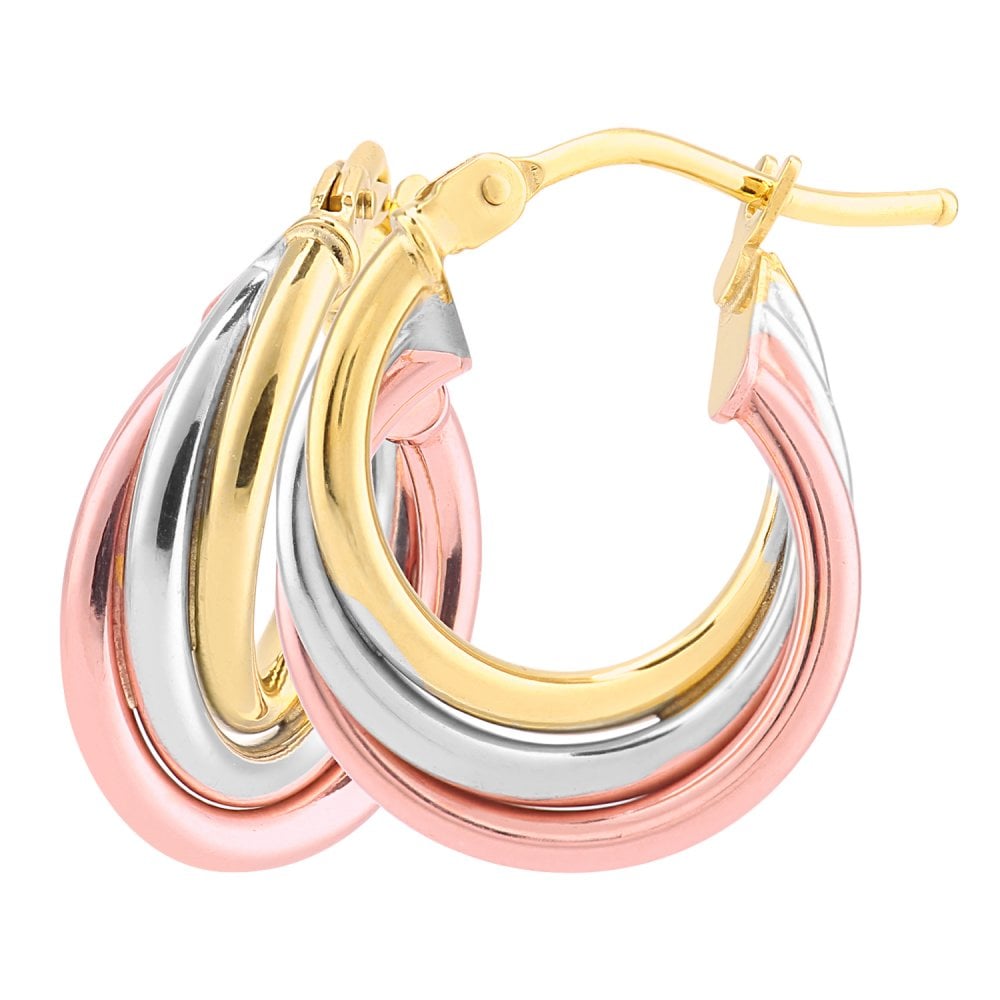 9ct 3 Colour Gold 10mm Russian Hoop Earrings