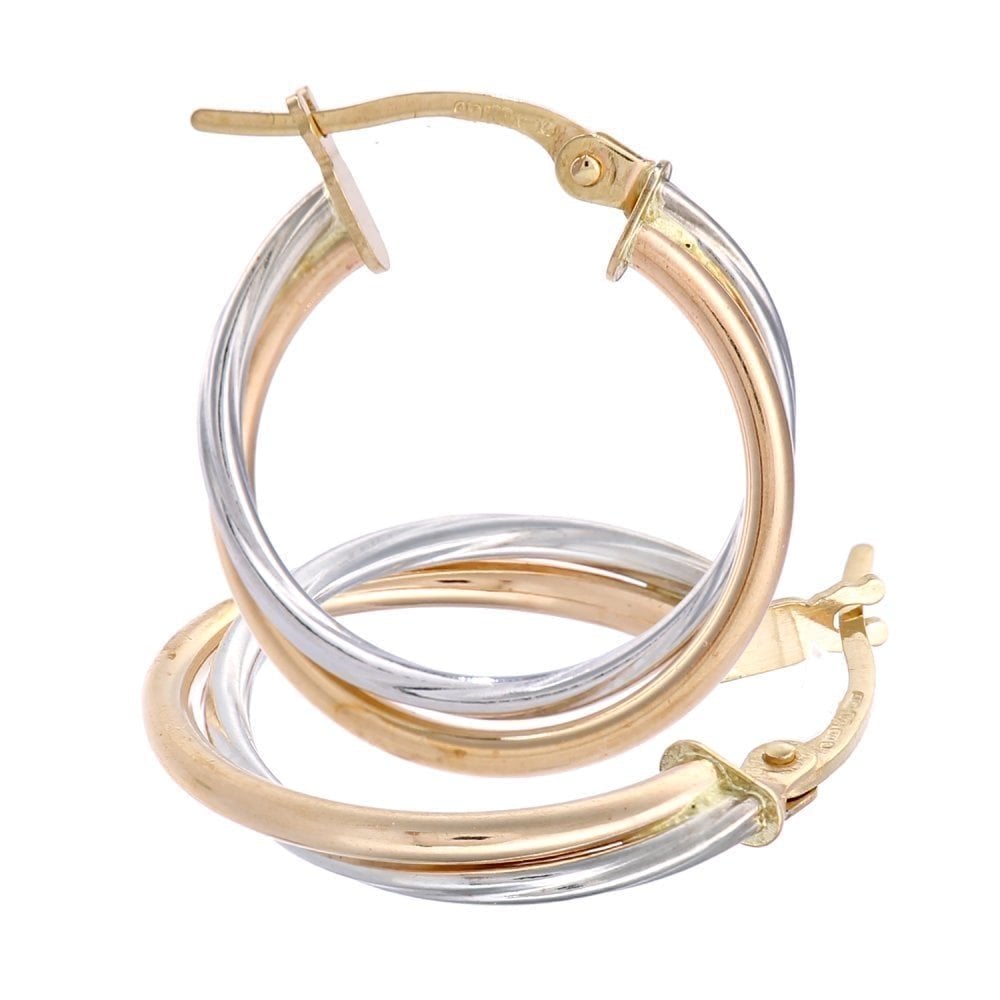 9ct Yellow and White Gold 15mm Twist Hoop Earrings