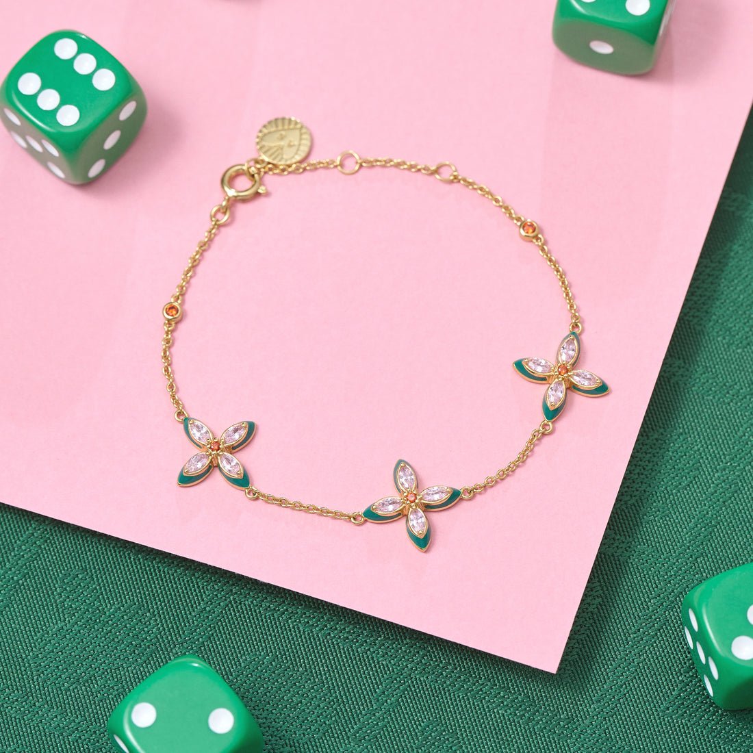 Clover Emerald Enamel and Blush CZ Bracelet Gold - Samuel Perry