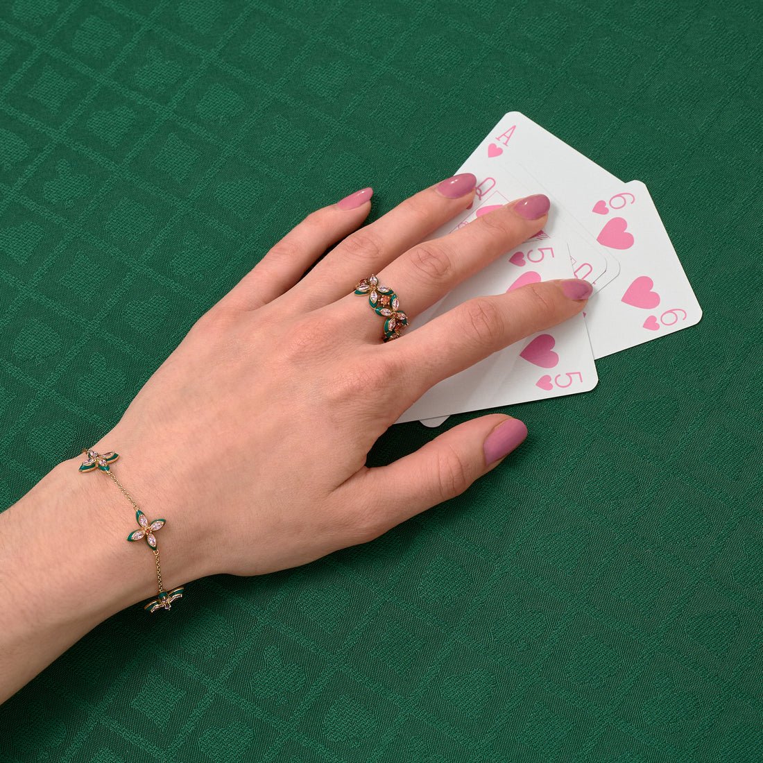 Clover Emerald Enamel and Blush CZ Bracelet Gold - Samuel Perry