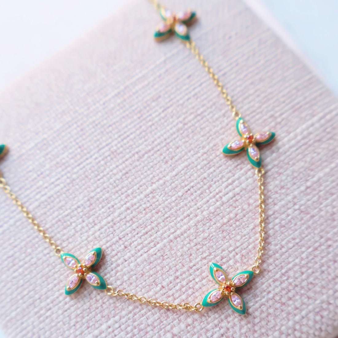 Clover Emerald Enamel and Blush CZ Choker Necklace Gold - Samuel Perry