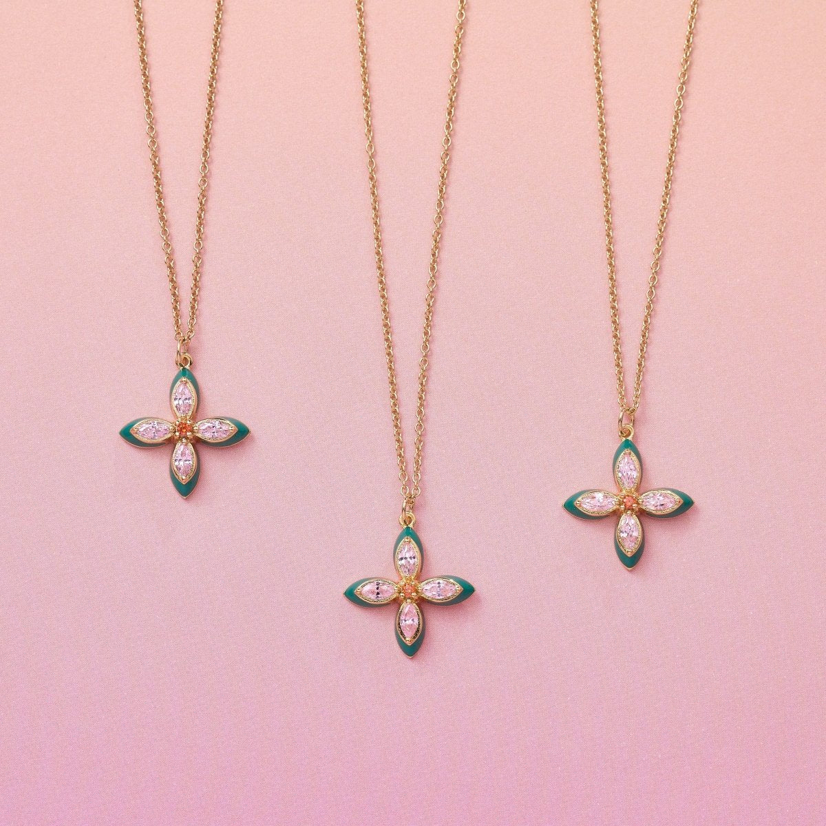 Clover Emerald Enamel and Blush CZ Necklace Gold - Samuel Perry