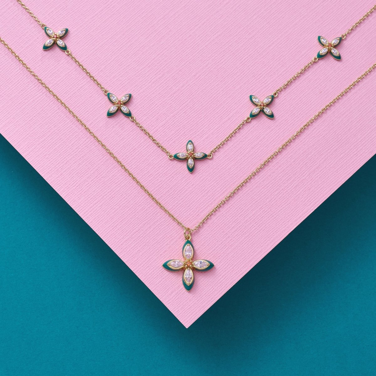 Clover Emerald Enamel and Blush CZ Necklace Gold - Samuel Perry