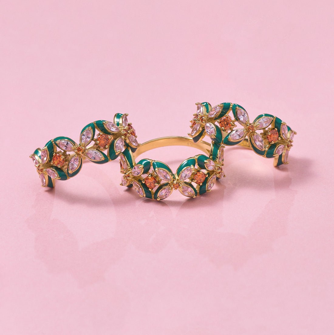 Clover Emerald Enamel, Blush, Orange CZ and Gold Ring - Samuel Perry