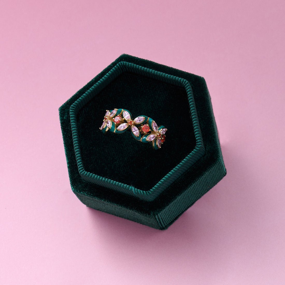 Clover Emerald Enamel, Blush, Orange CZ and Gold Ring - Samuel Perry