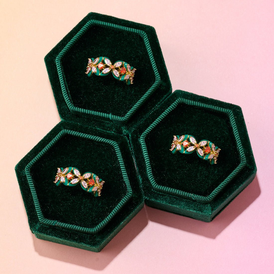 Clover Emerald Enamel, Blush, Orange CZ and Gold Ring - Samuel Perry