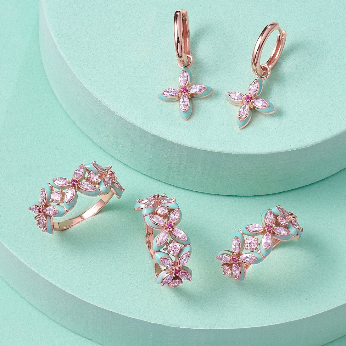 Clover Turquoise Enamel, Lilac, Pink CZ and Rose Gold Ring - Samuel Perry