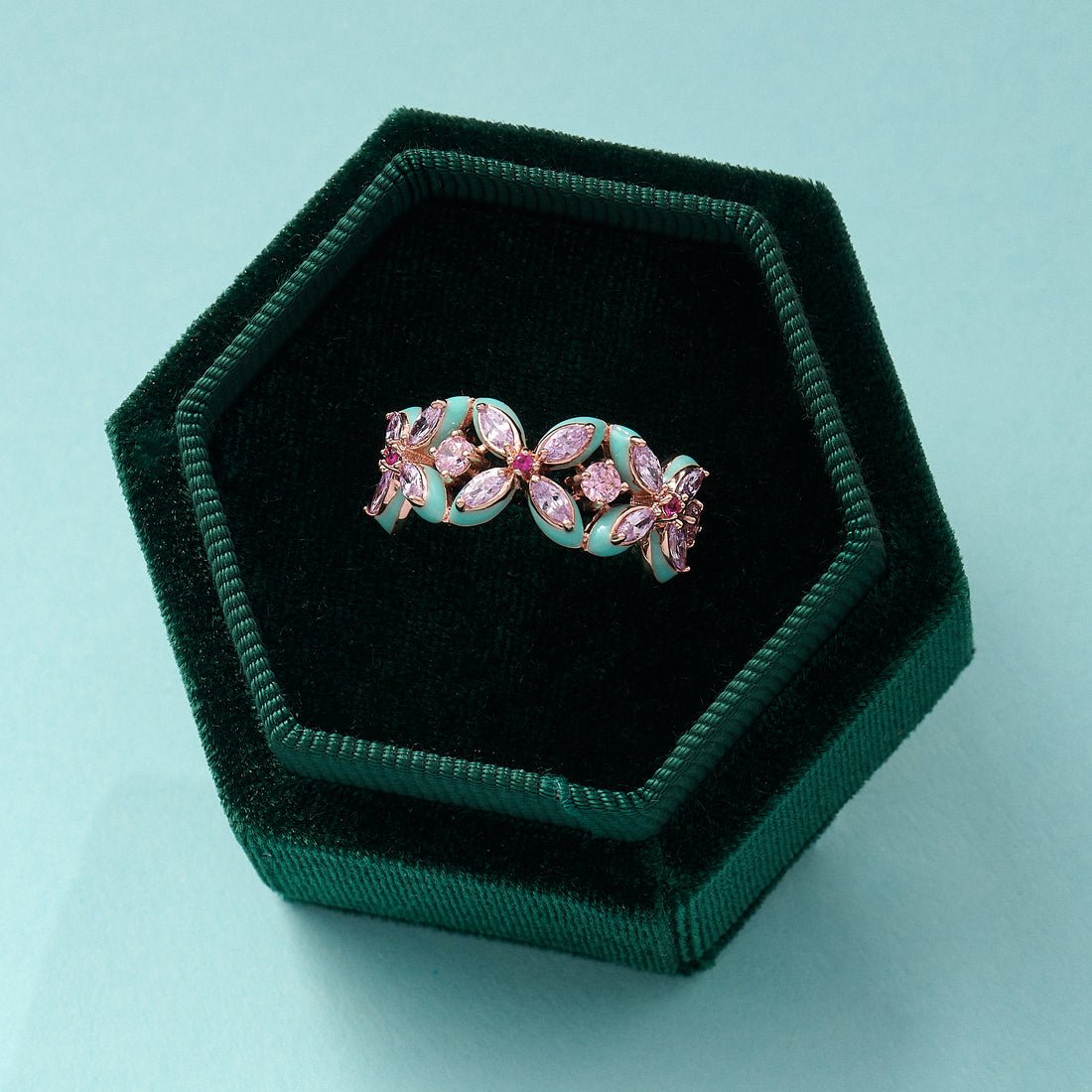 Clover Turquoise Enamel, Lilac, Pink CZ and Rose Gold Ring - Samuel Perry