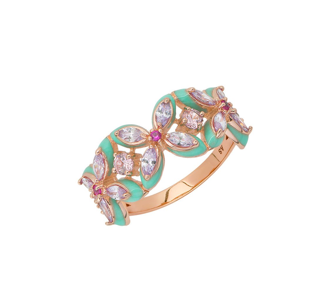 Clover Turquoise Enamel, Lilac, Pink CZ and Rose Gold Ring - Samuel Perry