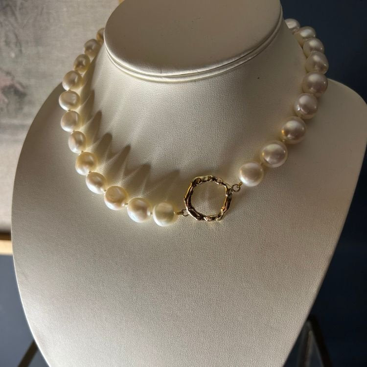 Cultured Pearl Choker with signature 9ct Yellow Gold molten Halo - Samuel Perry
