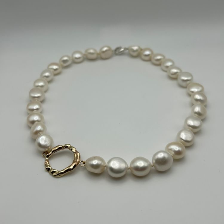 Cultured Pearl Choker with signature 9ct Yellow Gold molten Halo - Samuel Perry