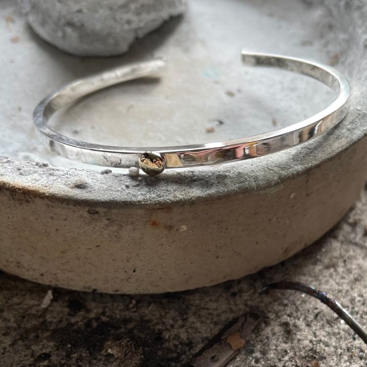 Dainty Sterling Silver Cuff Bangle Bracelet with 9ct Gold Bobble - Samuel Perry