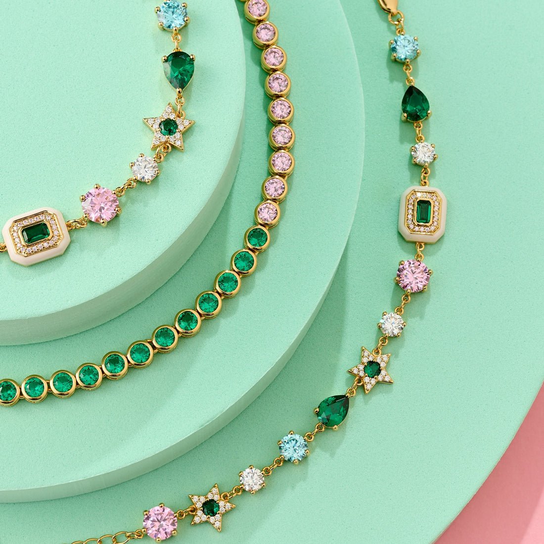 Dotty Tennis Bracelet Emerald, Rose Pink CZ and Gold - Samuel Perry