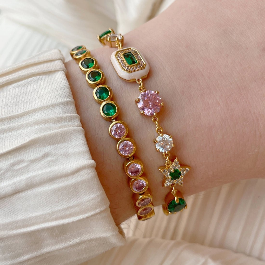 Dotty Tennis Bracelet Emerald, Rose Pink CZ and Gold - Samuel Perry