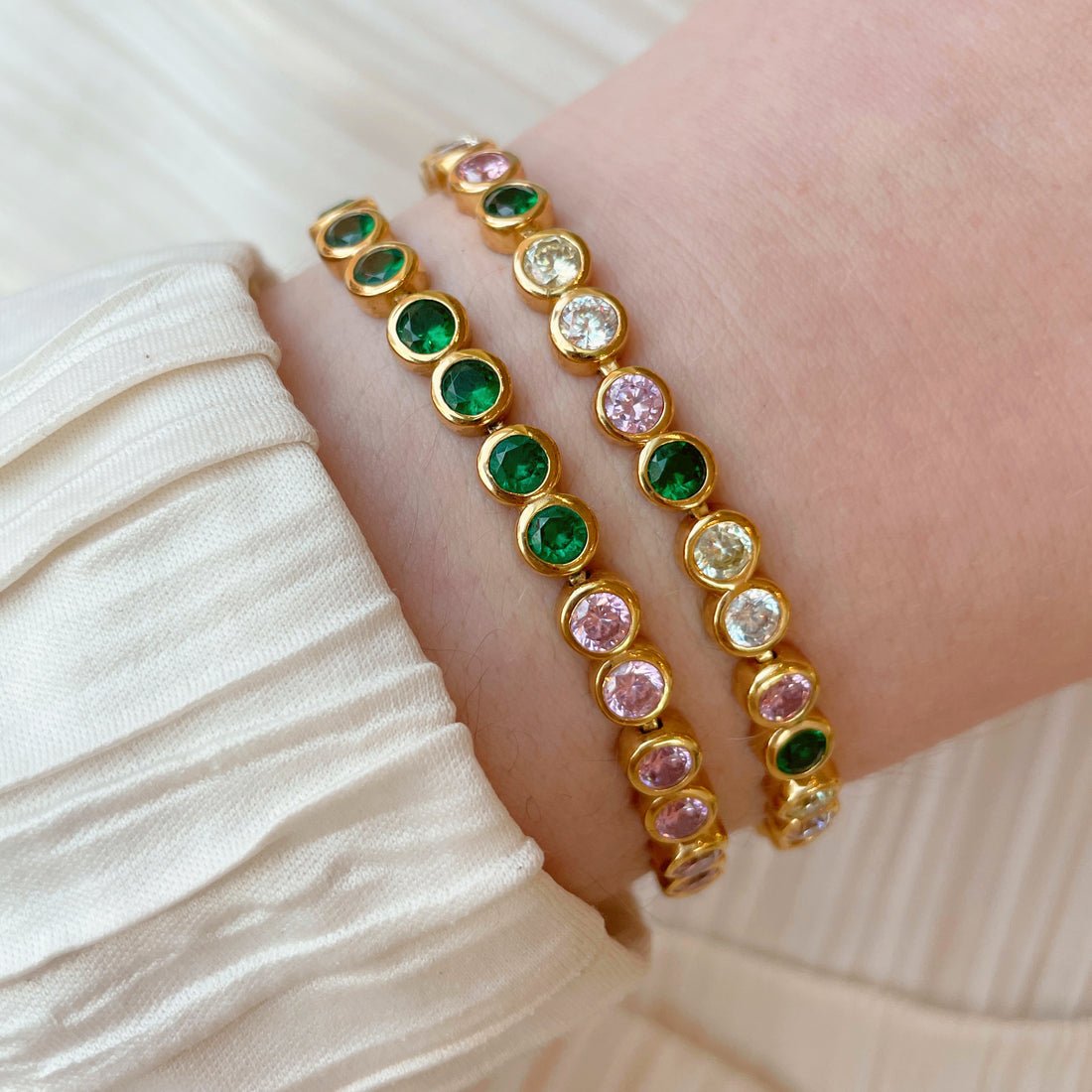 Dotty Tennis Bracelet Flamingo CZ and Gold - Samuel Perry