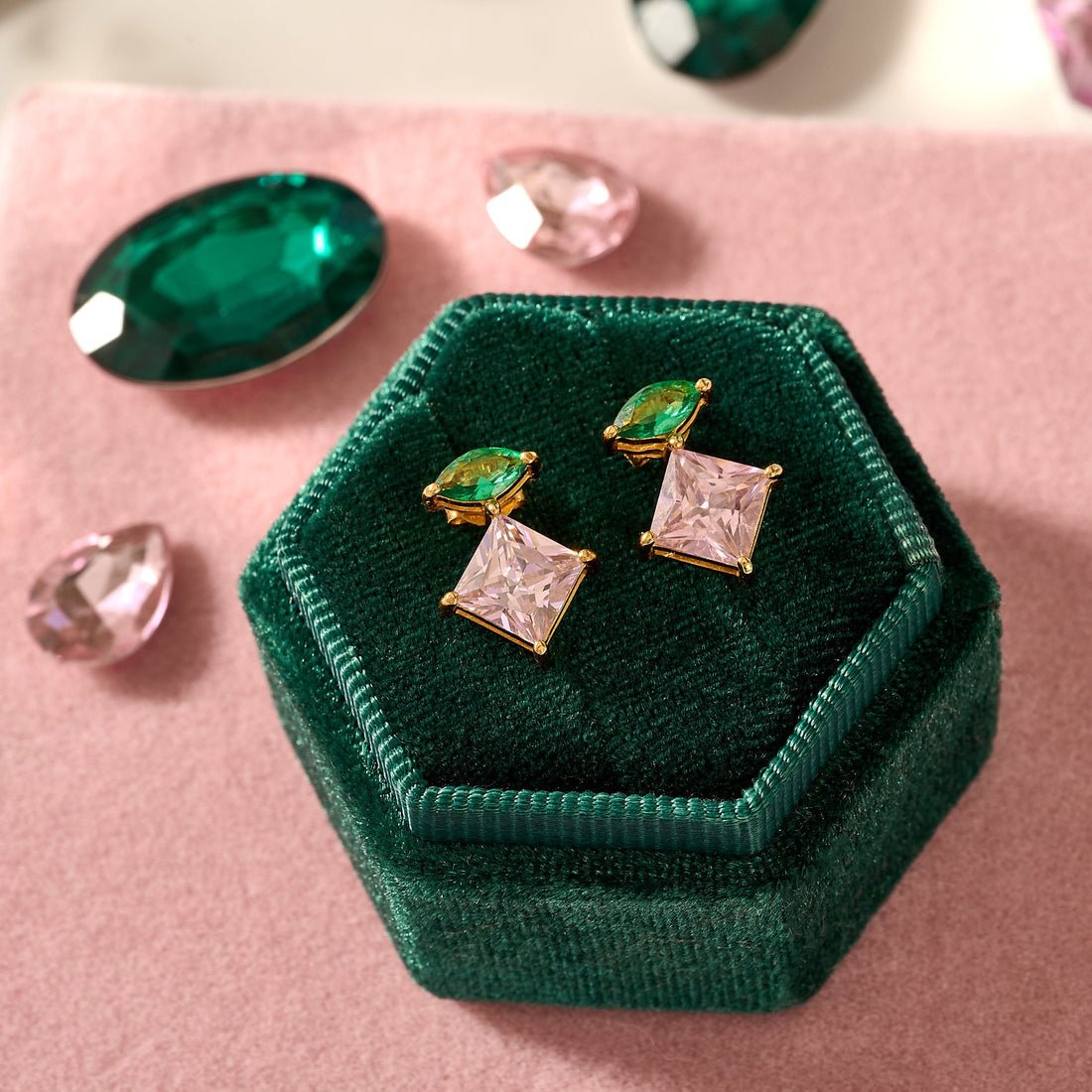 Esme Statement Studs Emerald and Rose Pink CZ and Gold - Samuel Perry