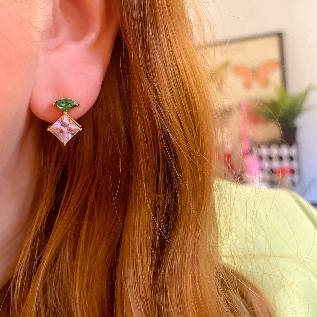 Esme Statement Studs Emerald and Rose Pink CZ and Gold - Samuel Perry