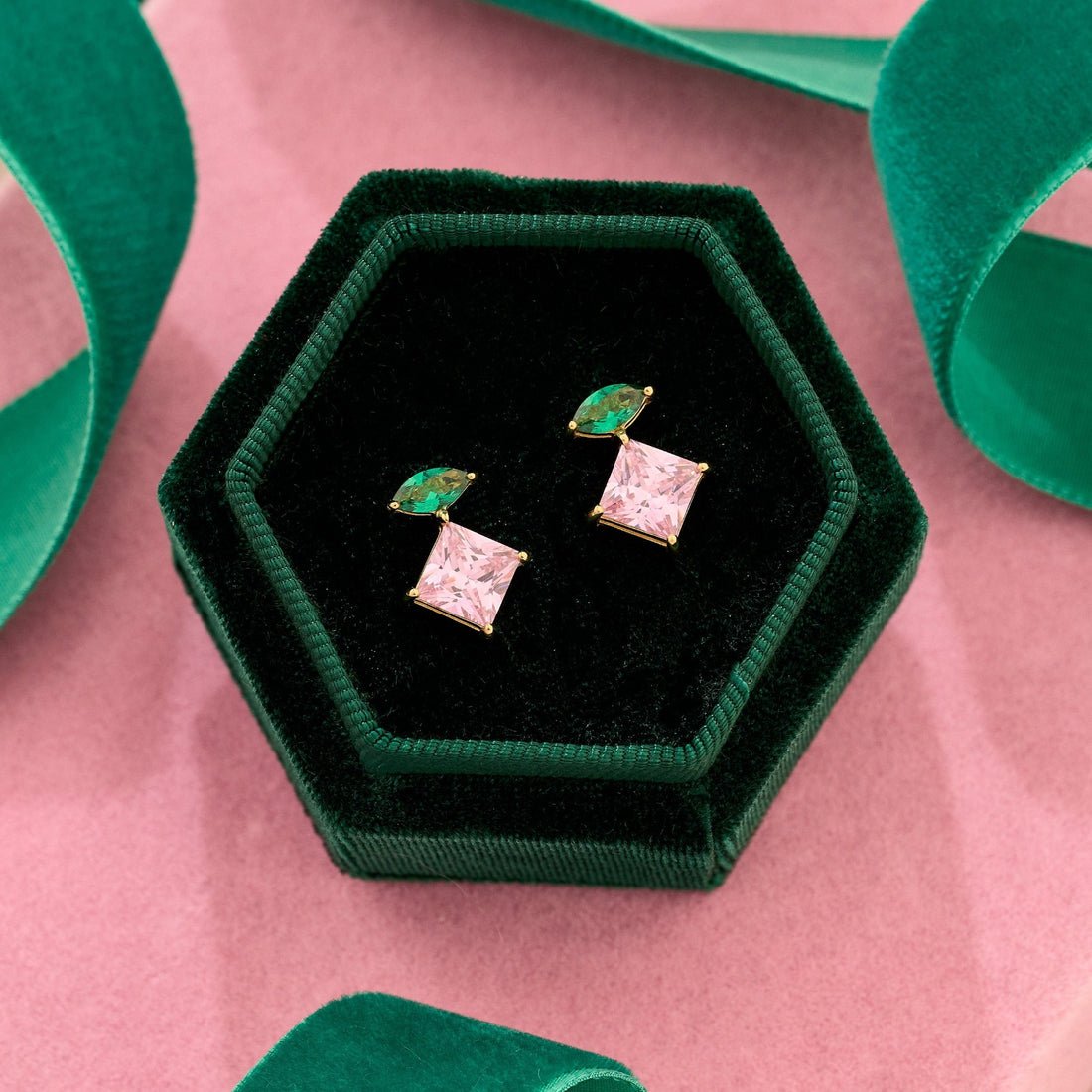 Esme Statement Studs Emerald and Rose Pink CZ and Gold - Samuel Perry
