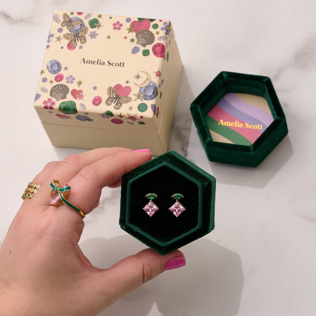 Esme Statement Studs Emerald and Rose Pink CZ and Gold - Samuel Perry