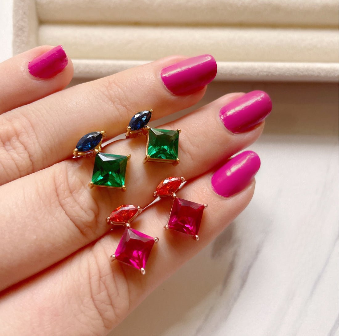 Esme Statement Studs Emerald, Sapphire Blue and Gold - Samuel Perry