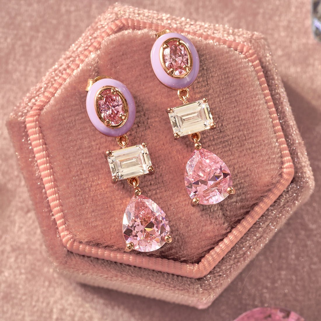 Frida Statement Enamel Drop Earrings Lilac, Rose Pink CZ and Rose Gold - Samuel Perry