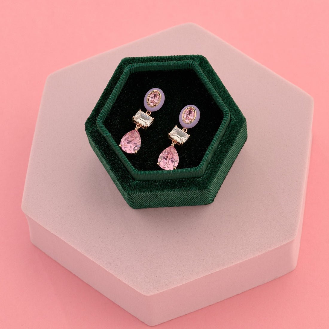 Frida Statement Enamel Drop Earrings Lilac, Rose Pink CZ and Rose Gold - Samuel Perry