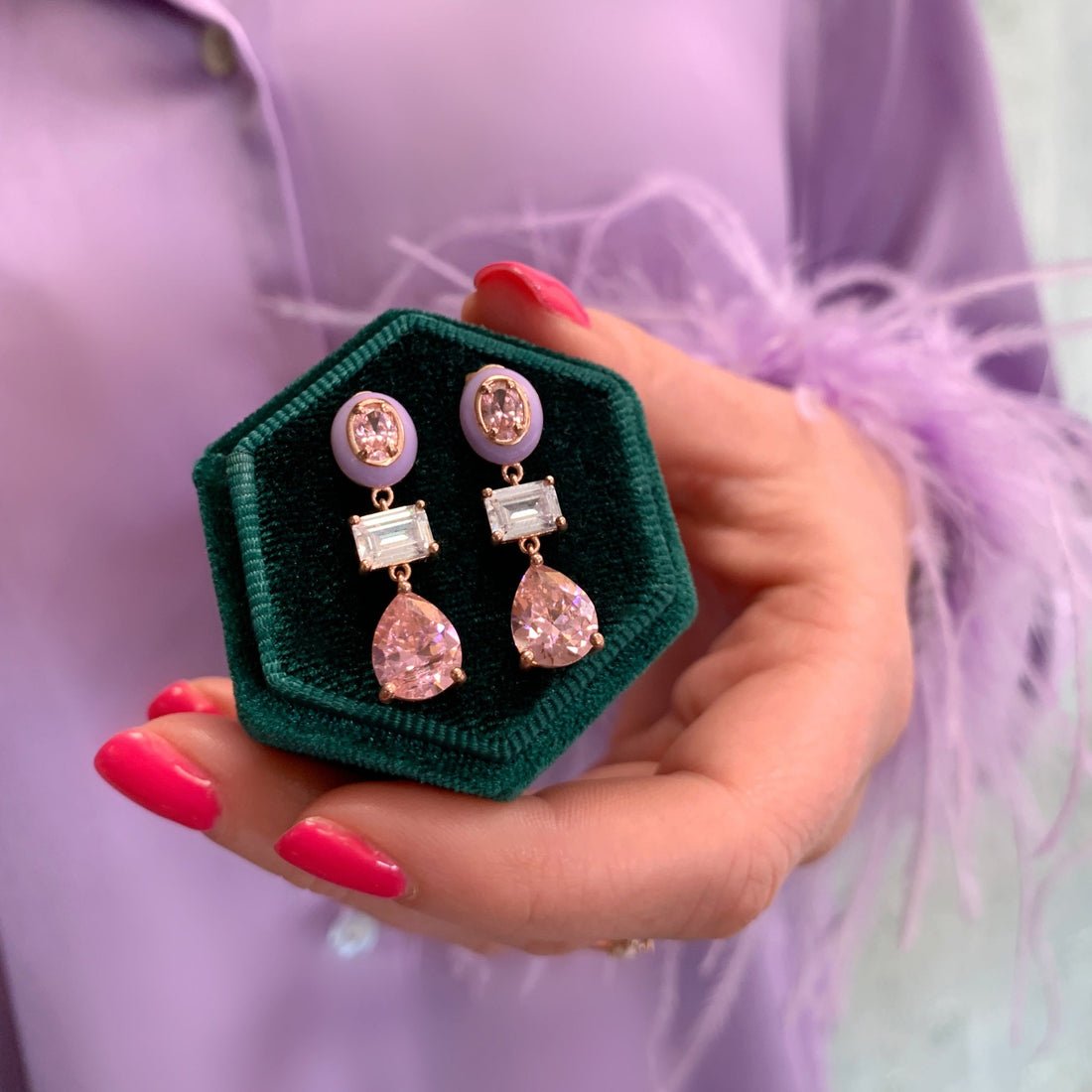 Frida Statement Enamel Drop Earrings Lilac, Rose Pink CZ and Rose Gold - Samuel Perry