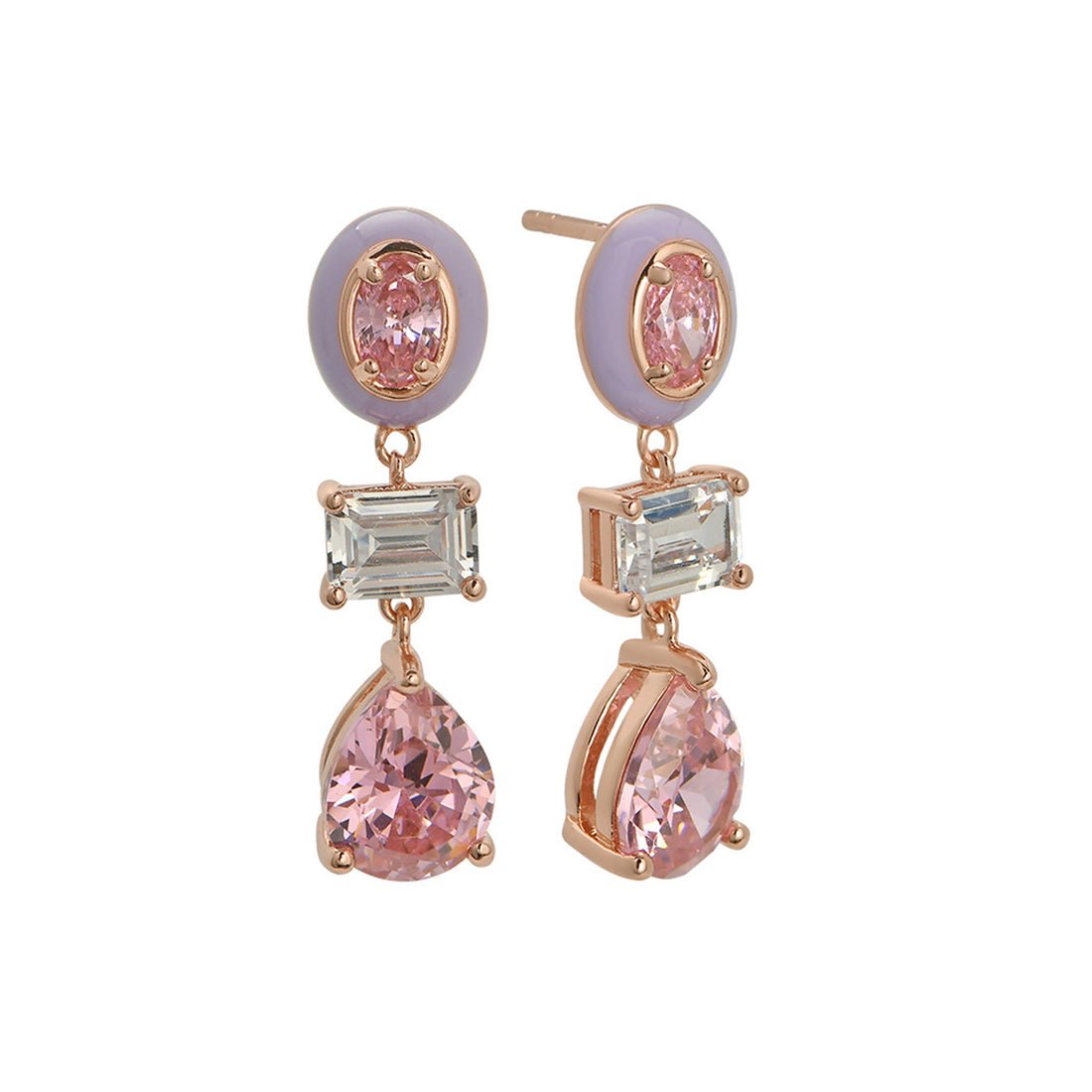 Frida Statement Enamel Drop Earrings Lilac, Rose Pink CZ and Rose Gold - Samuel Perry
