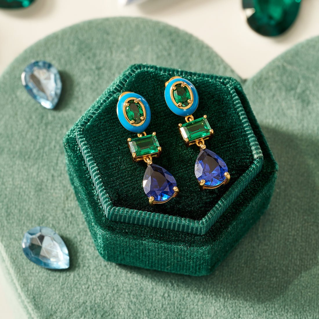 Frida Statement Enamel Earrings Sapphire, Emerald CZ and Gold - Samuel Perry